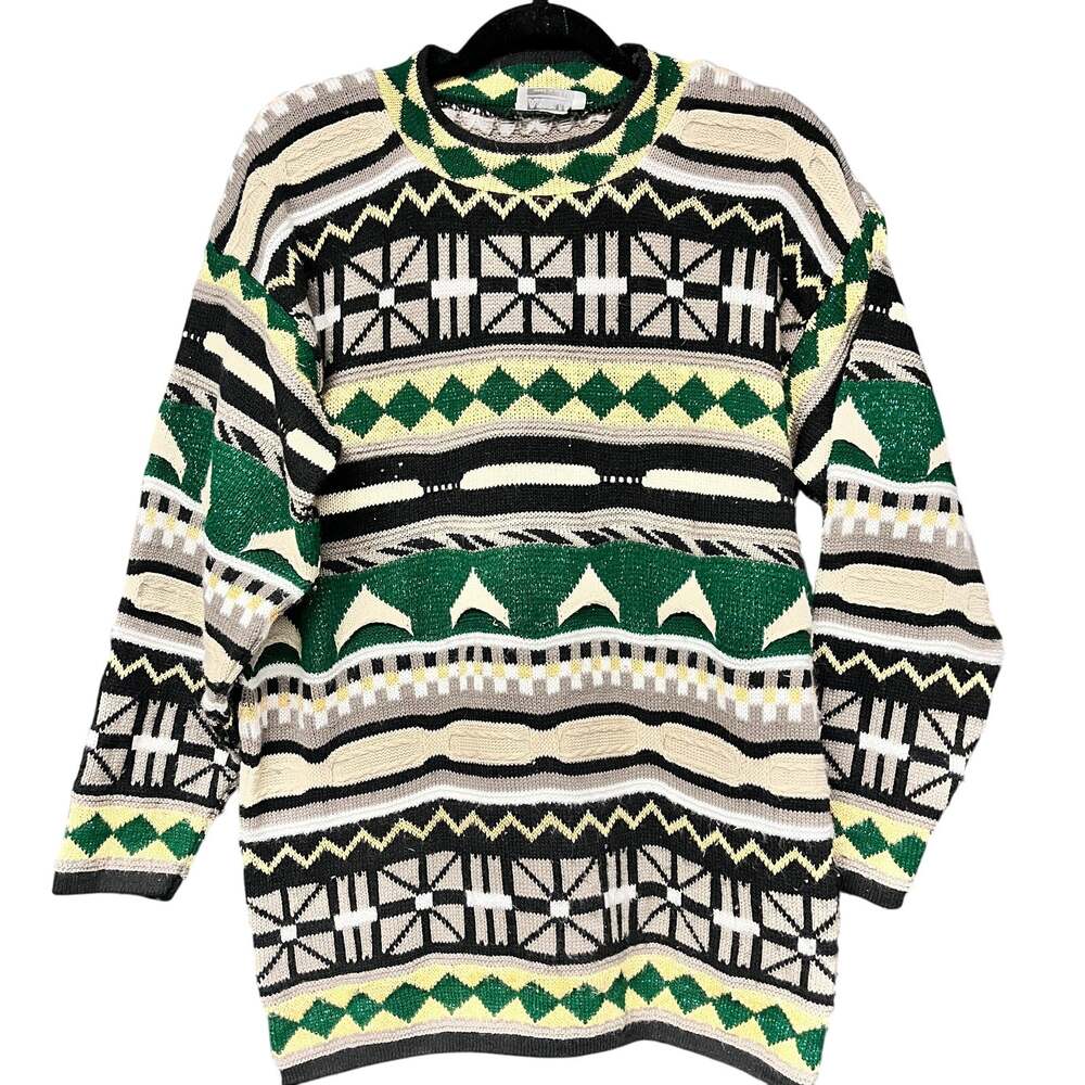Vintage XL women's 1980s 1990s knit mock neck abstract tunic sweater green black
